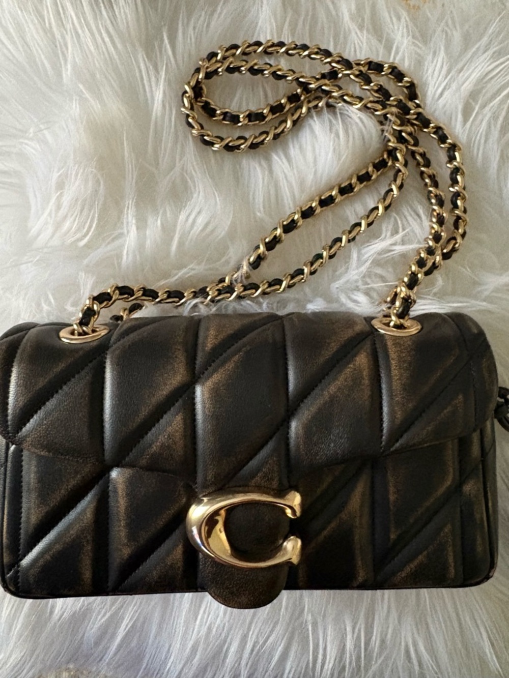 Coach Quilted Black Leather Shoulder Bag with Gold Chain Tabby 20
